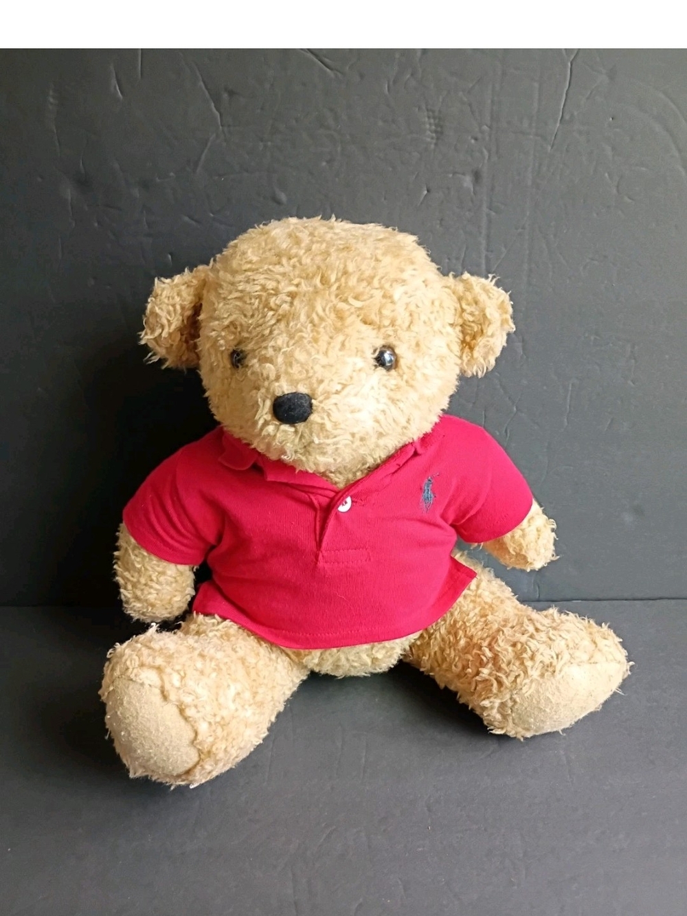 VTG Ralph Lauren Curly Brown Teddy Bear w/ Red Polo 16" Moveable See Description